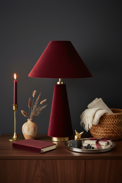Martha Conical Velvet Table Lamp | Burgundy & Gold | Statement Bedside Lamp