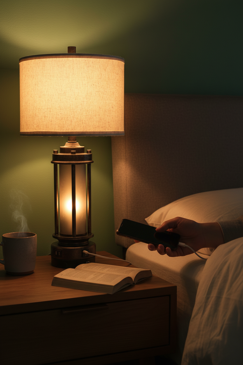 Farmhouse Lantern Table Lamps | Set of 2 | Bronze Rustic Bedside Lamps with USB Charging