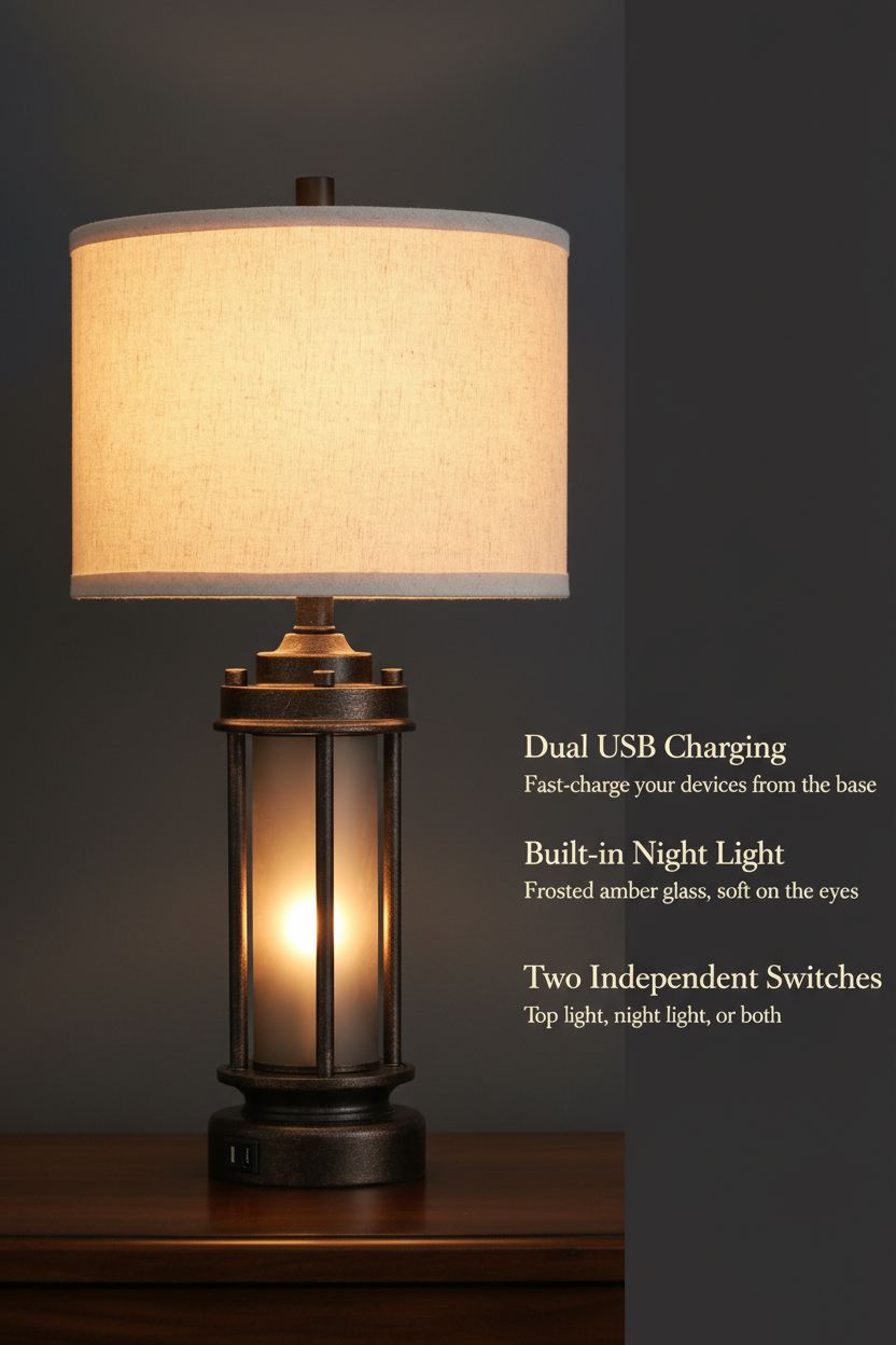 Farmhouse Lantern Table Lamps | Set of 2 | Bronze Rustic Bedside Lamps with USB Charging