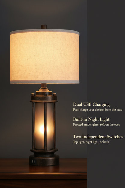Farmhouse Lantern Table Lamps | Set of 2 | Bronze Rustic Bedside Lamps with USB Charging