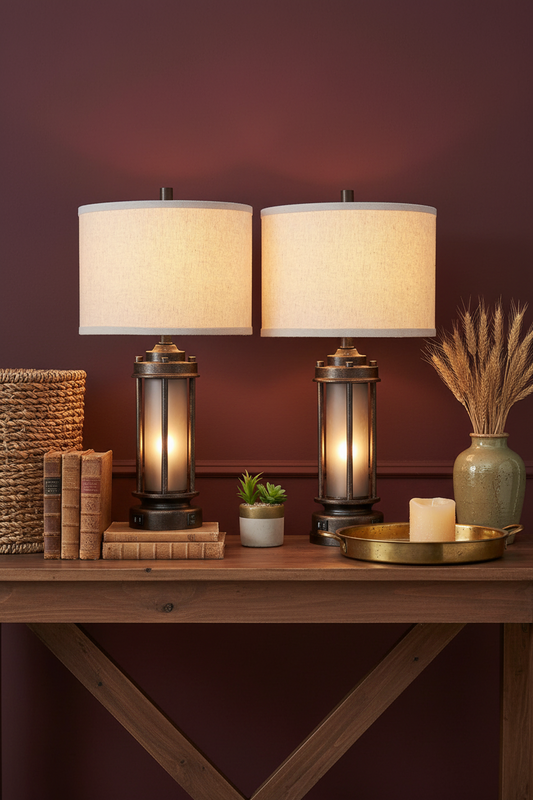 Farmhouse Lantern Table Lamps | Set of 2 | Bronze Rustic Bedside Lamps with USB Charging
