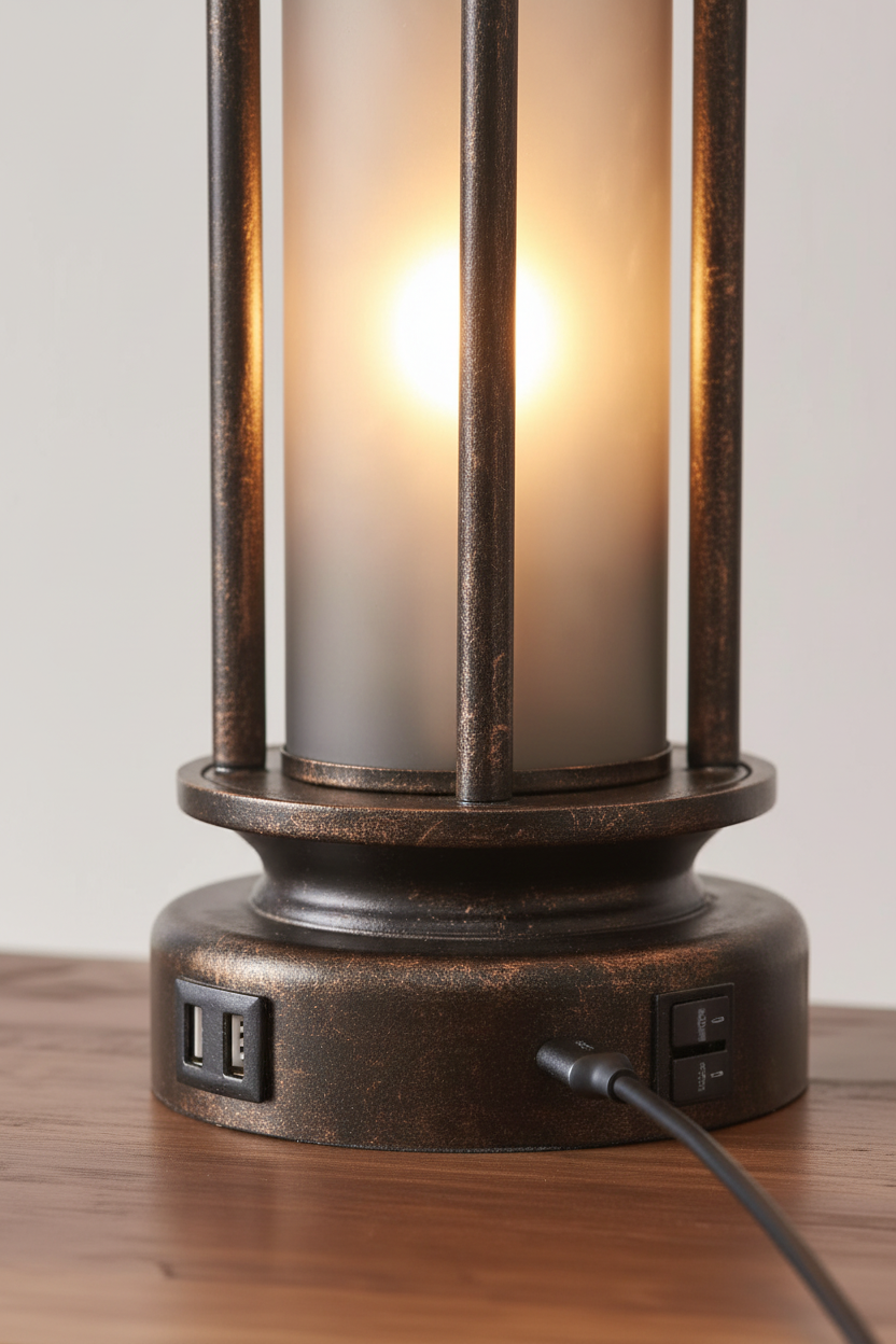 Farmhouse Lantern Table Lamps | Set of 2 | Bronze Rustic Bedside Lamps with USB Charging