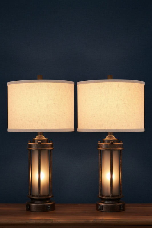 Farmhouse Lantern Table Lamps | Set of 2 | Bronze Rustic Bedside Lamps with USB Charging