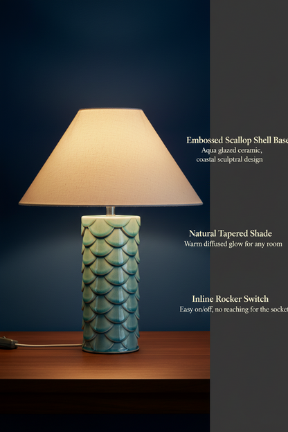Aqua Scallop Shell Ceramic Table Lamp | Mermaid Design | Bedside & Living Room Lamp