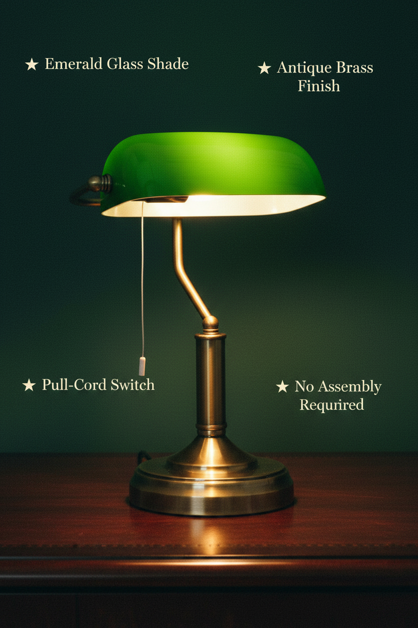 Banker's Table Lamp Desk Lamp with Antique Bronze Tone Base Green