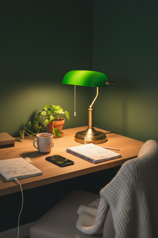 Banker's Table Lamp Desk Lamp with Antique Bronze Tone Base Green