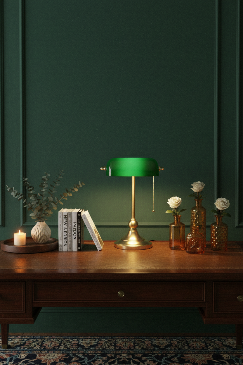 Banker's Table Lamp Desk Lamp with Antique Bronze Tone Base Green