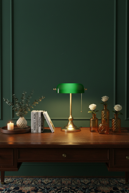 Banker's Table Lamp Desk Lamp with Antique Bronze Tone Base Green