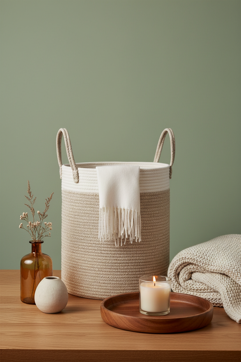 Cotton Rope Storage Basket | Khaki & White | Large Woven Basket with Handles