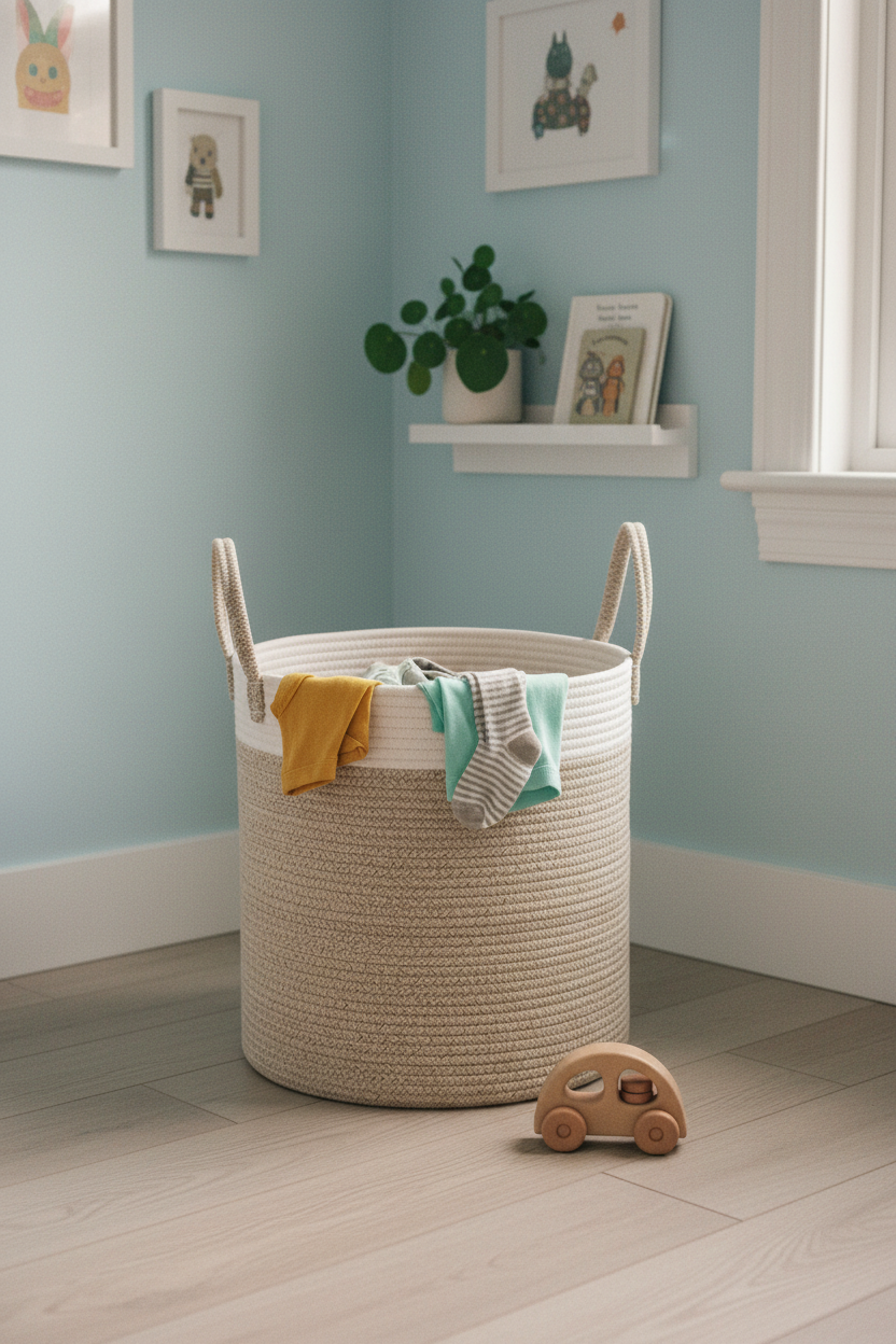 Cotton Rope Storage Basket | Khaki & White | Large Woven Basket with Handles