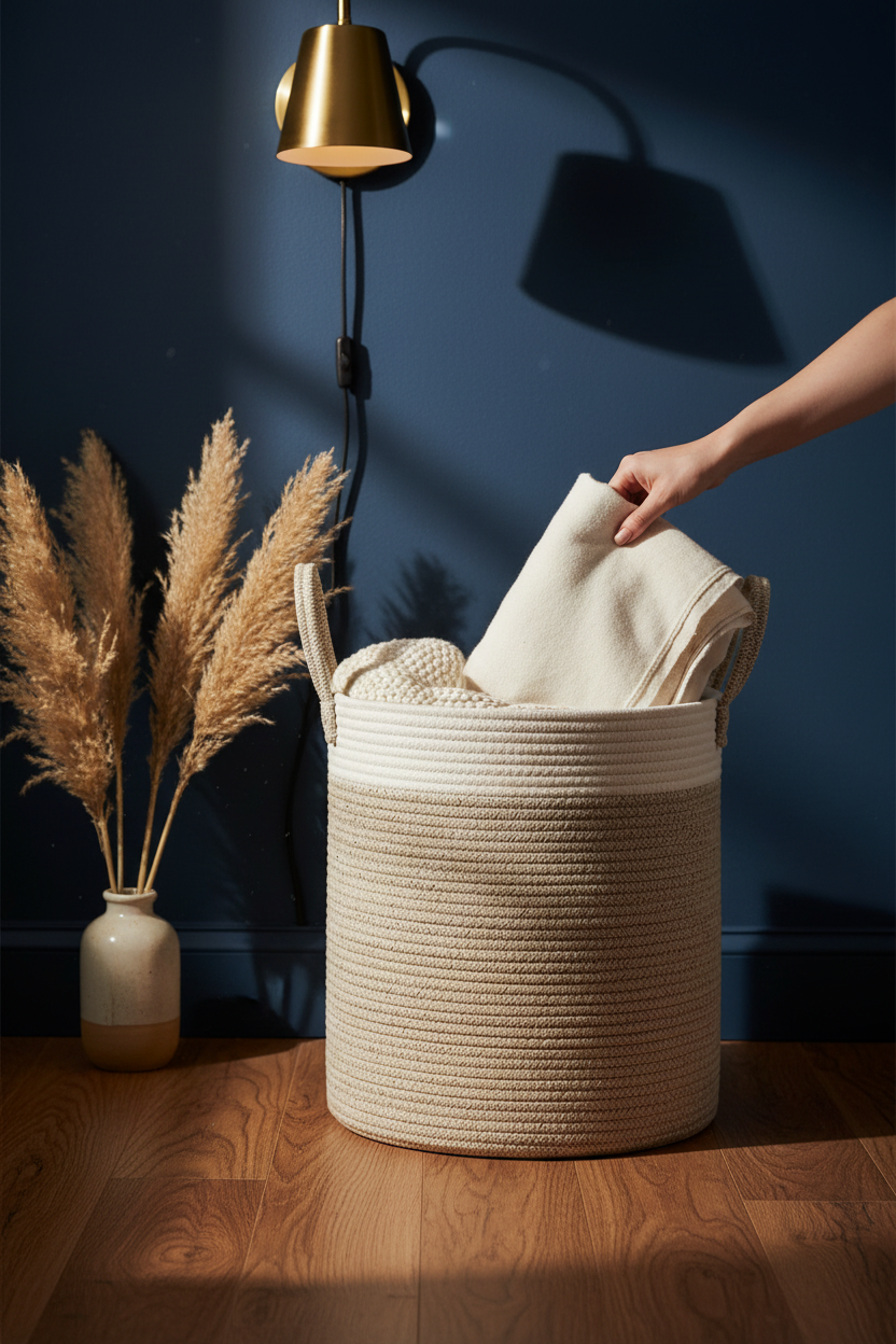 Cotton Rope Storage Basket | Khaki & White | Large Woven Basket with Handles