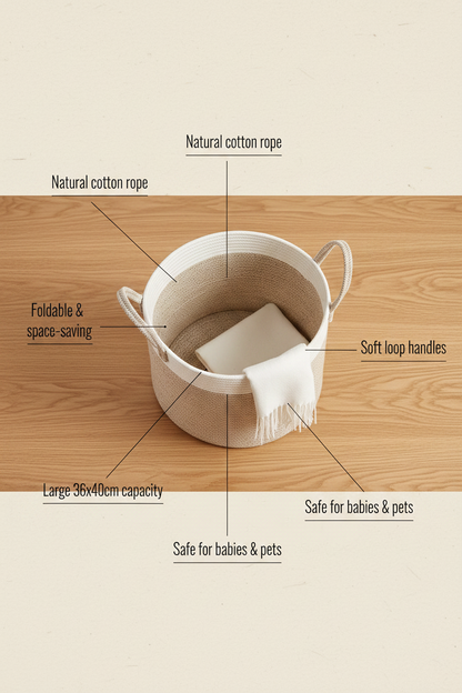Cotton Rope Storage Basket | Khaki & White | Large Woven Basket with Handles