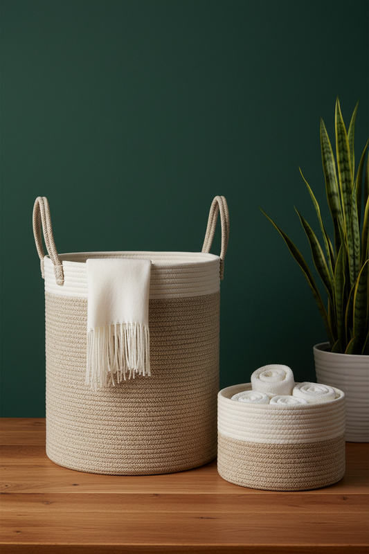 Cotton Rope Storage Basket | Khaki & White | Large Woven Basket with Handles