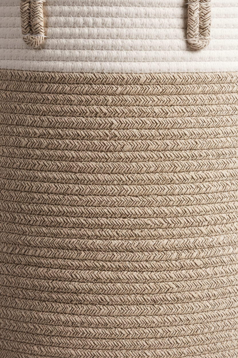 Cotton Rope Storage Basket | Khaki & White | Large Woven Basket with Handles