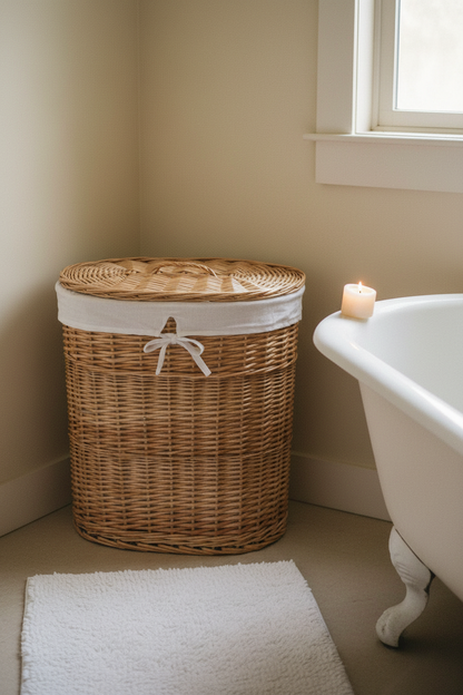 Oval Wicker Laundry Basket with Lid | Natural Willow | White Linen Liner | Large
