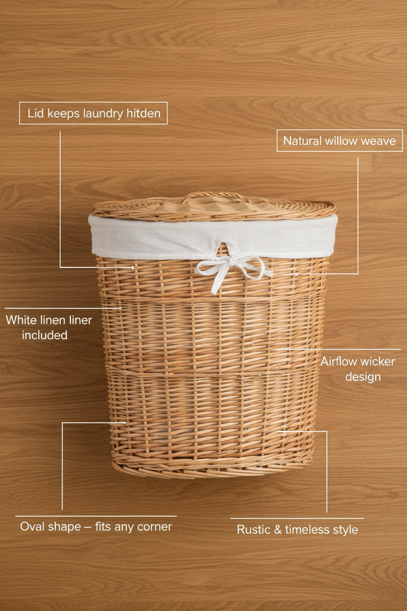 Oval Wicker Laundry Basket with Lid | Natural Willow | White Linen Liner | Large