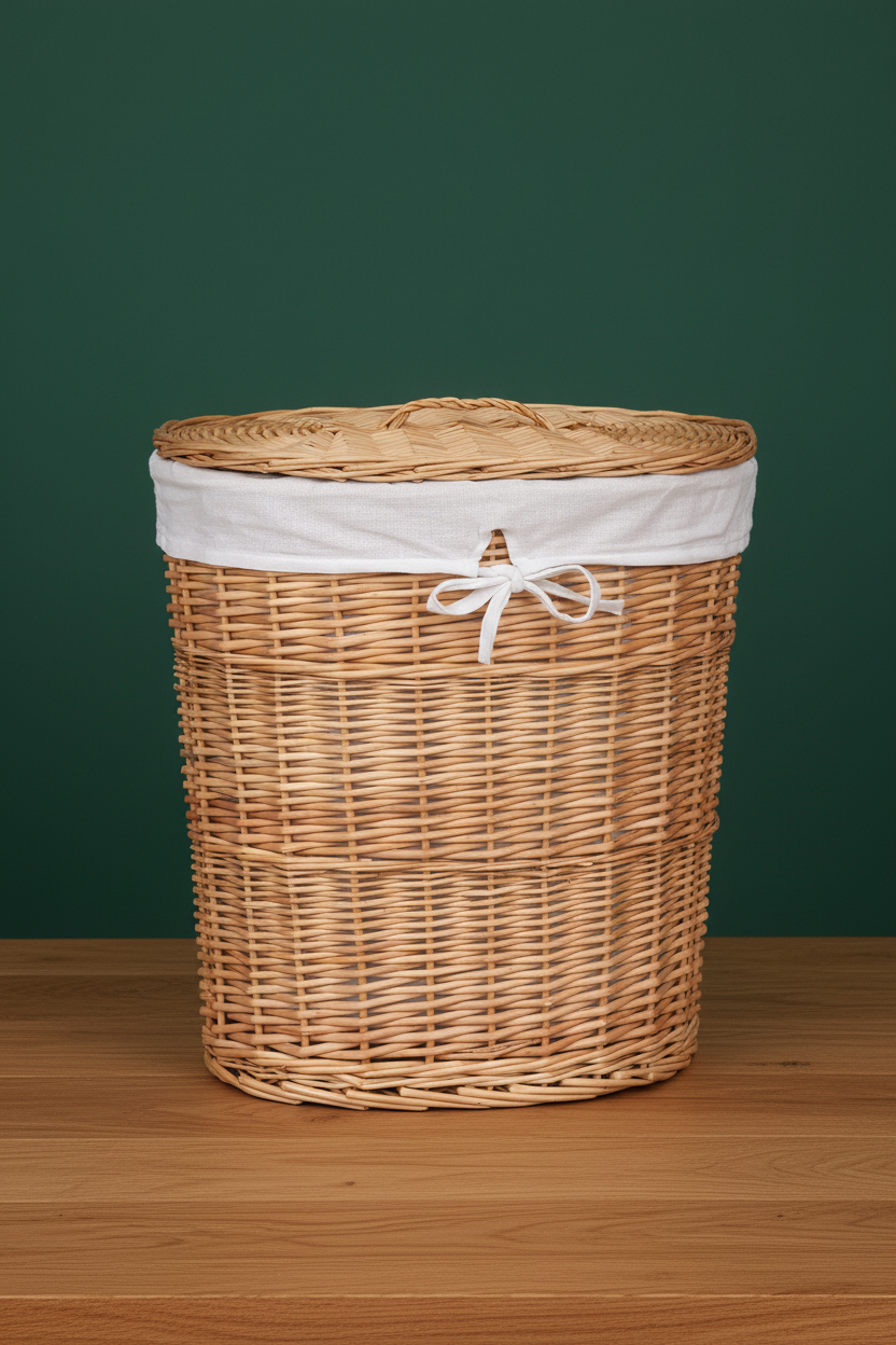 Oval Wicker Laundry Basket with Lid | Natural Willow | White Linen Liner | Large