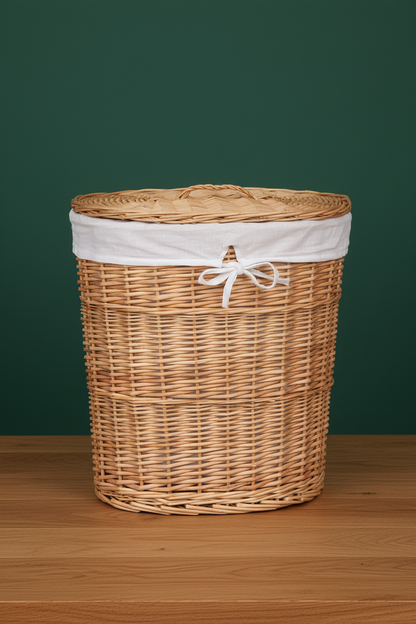 Oval Wicker Laundry Basket with Lid | Natural Willow | White Linen Liner | Large