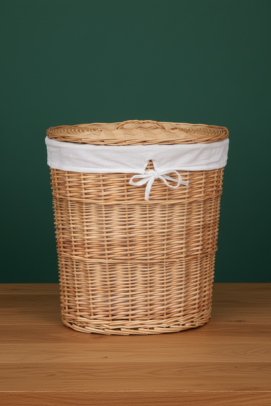 Oval Wicker Laundry Basket with Lid | Natural Willow | White Linen Liner | Large