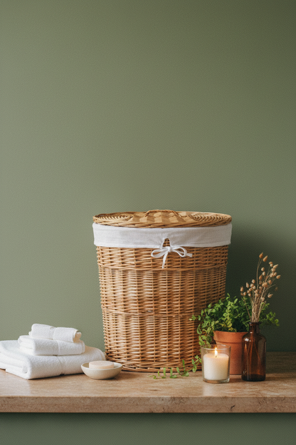 Oval Wicker Laundry Basket with Lid | Natural Willow | White Linen Liner | Large
