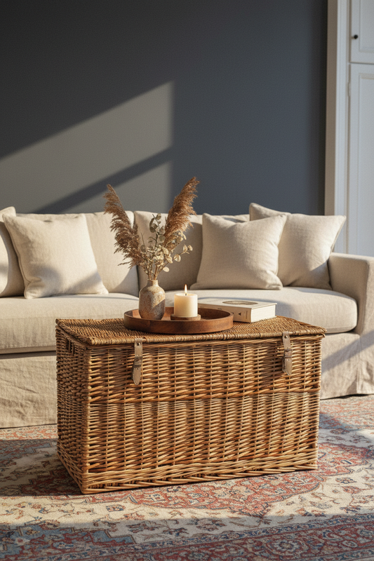 Wicker Storage Trunk with Lid & Leather Straps | Natural Willow | Extra Large Blanket Box