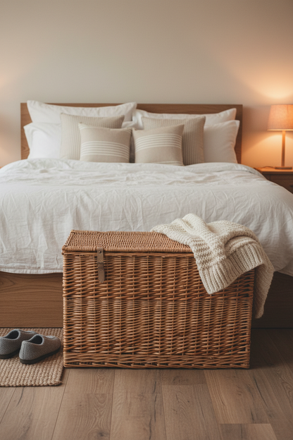 Wicker Storage Trunk with Lid & Leather Straps | Natural Willow | Extra Large Blanket Box