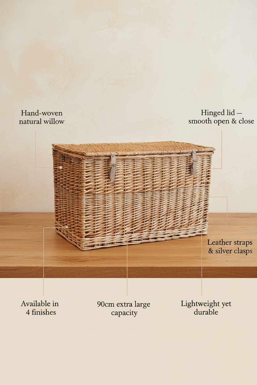Wicker Storage Trunk with Lid & Leather Straps | Natural Willow | Extra Large Blanket Box