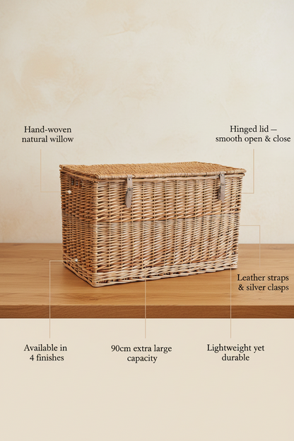 Wicker Storage Trunk with Lid & Leather Straps | Natural Willow | Extra Large Blanket Box