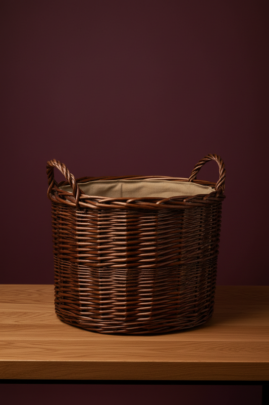 Deluxe Circular Wicker Log Basket with Handles & Lining - Large Wicker Storage Basket, round Log Basket, round Basket (Small, Distilled Brown)