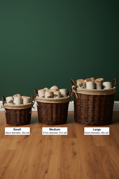 Deluxe Circular Wicker Log Basket with Handles & Lining - Large Wicker Storage Basket, round Log Basket, round Basket (Small, Distilled Brown)