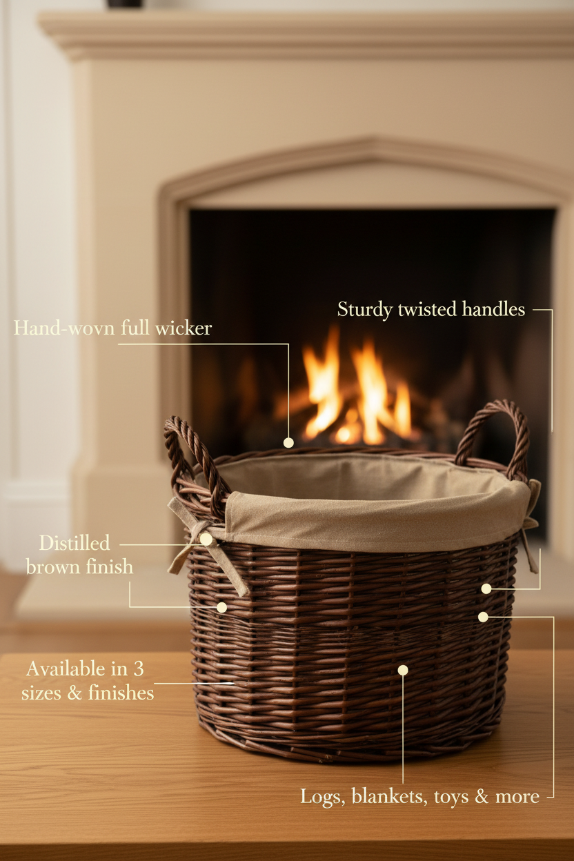 Deluxe Circular Wicker Log Basket with Handles & Lining - Large Wicker Storage Basket, round Log Basket, round Basket (Small, Distilled Brown)