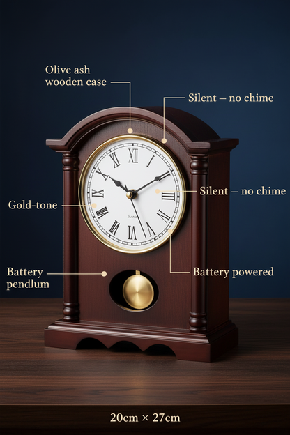 Classic Wooden Mantel Clock with Gold Pendulum | Roman Numeral Dial | Vintage Desk & Fireplace Clock