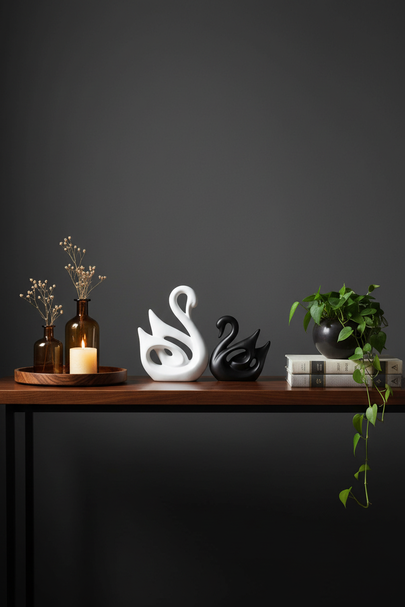 Abstract Ceramic Swan Sculpture Set | White & Black | Pair of Decorative Swan Ornaments