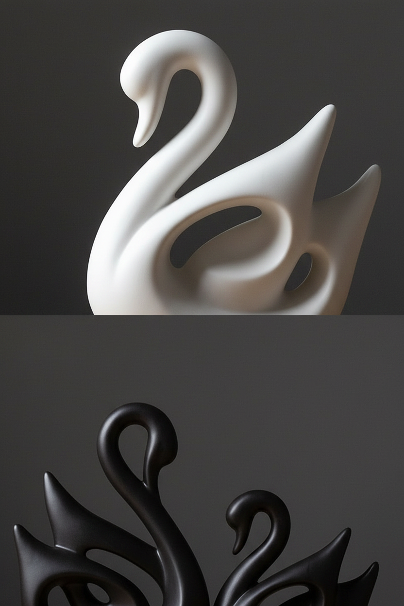 Abstract Ceramic Swan Sculpture Set | White & Black | Pair of Decorative Swan Ornaments