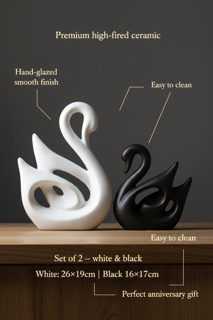 Abstract Ceramic Swan Sculpture Set | White & Black | Pair of Decorative Swan Ornaments