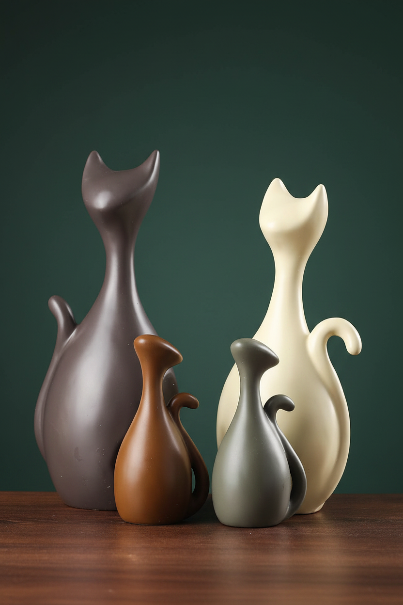 Ceramic Cat Family Figurines | Set of 4 | Nordic Abstract Cat Sculpture Home Décor