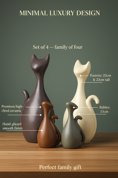 Ceramic Cat Family Figurines | Set of 4 | Nordic Abstract Cat Sculpture Home Décor