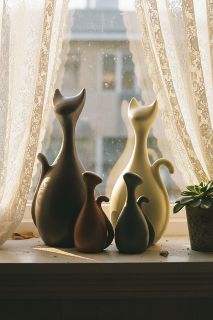 Ceramic Cat Family Figurines | Set of 4 | Nordic Abstract Cat Sculpture Home Décor