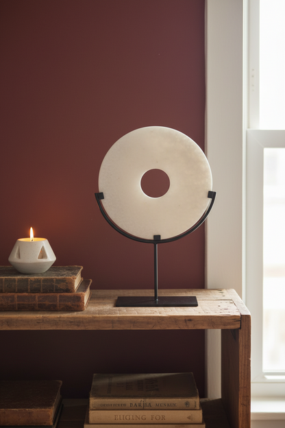 Round Fortune Stone Display, Decorative Natural Marble Stone with Metal Base, Stone Disc, Home Decoration