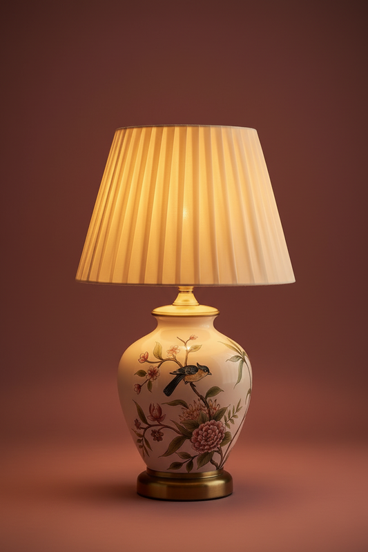 Botanical Bird Ceramic Table Lamp | Cream Pleated Shade | Vintage Bedside Lamp