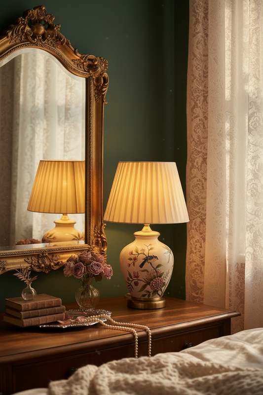 Botanical Bird Ceramic Table Lamp | Cream Pleated Shade | Vintage Bedside Lamp