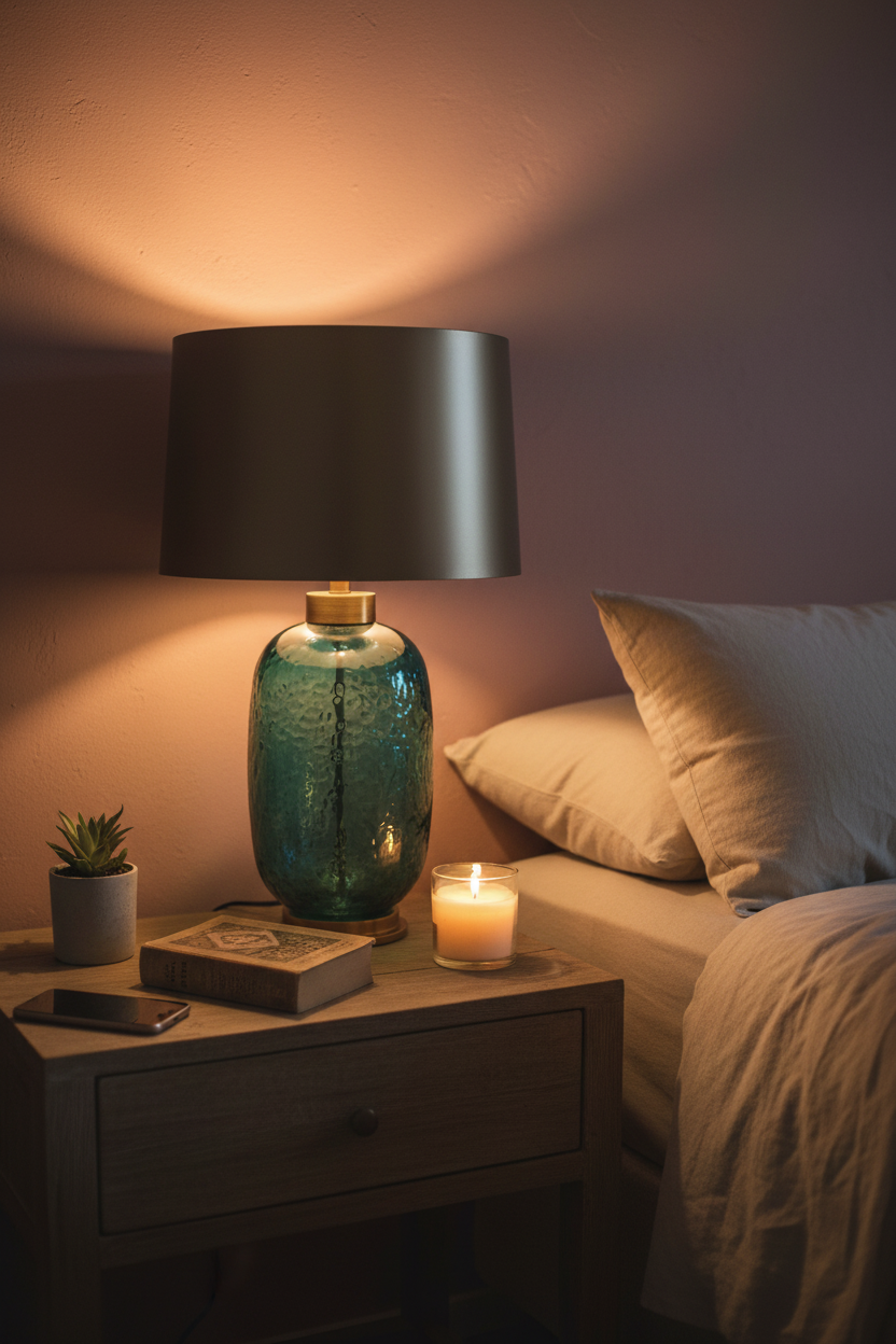 Art Glass Table Lamp | Teal & Bronze | LED Ambient Light