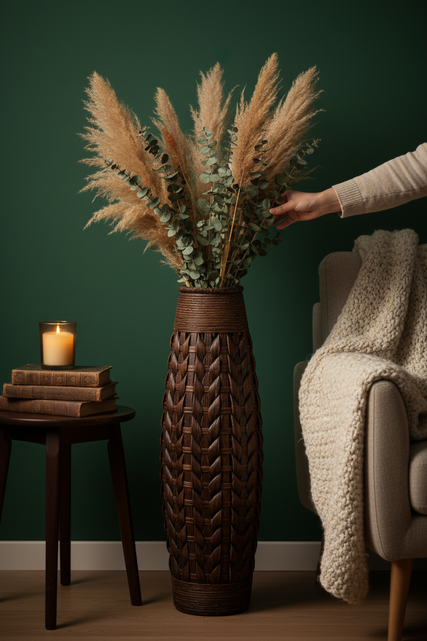 Woven Floor Vase | Bamboo & Straw Rope | Large Statement Decor