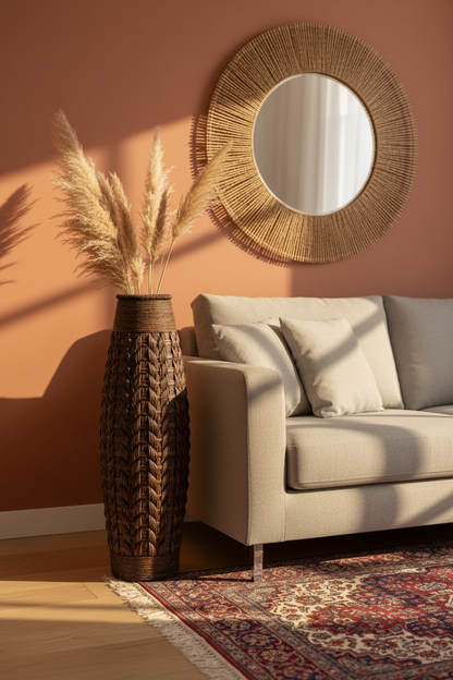 Woven Floor Vase | Bamboo & Straw Rope | Large Statement Decor