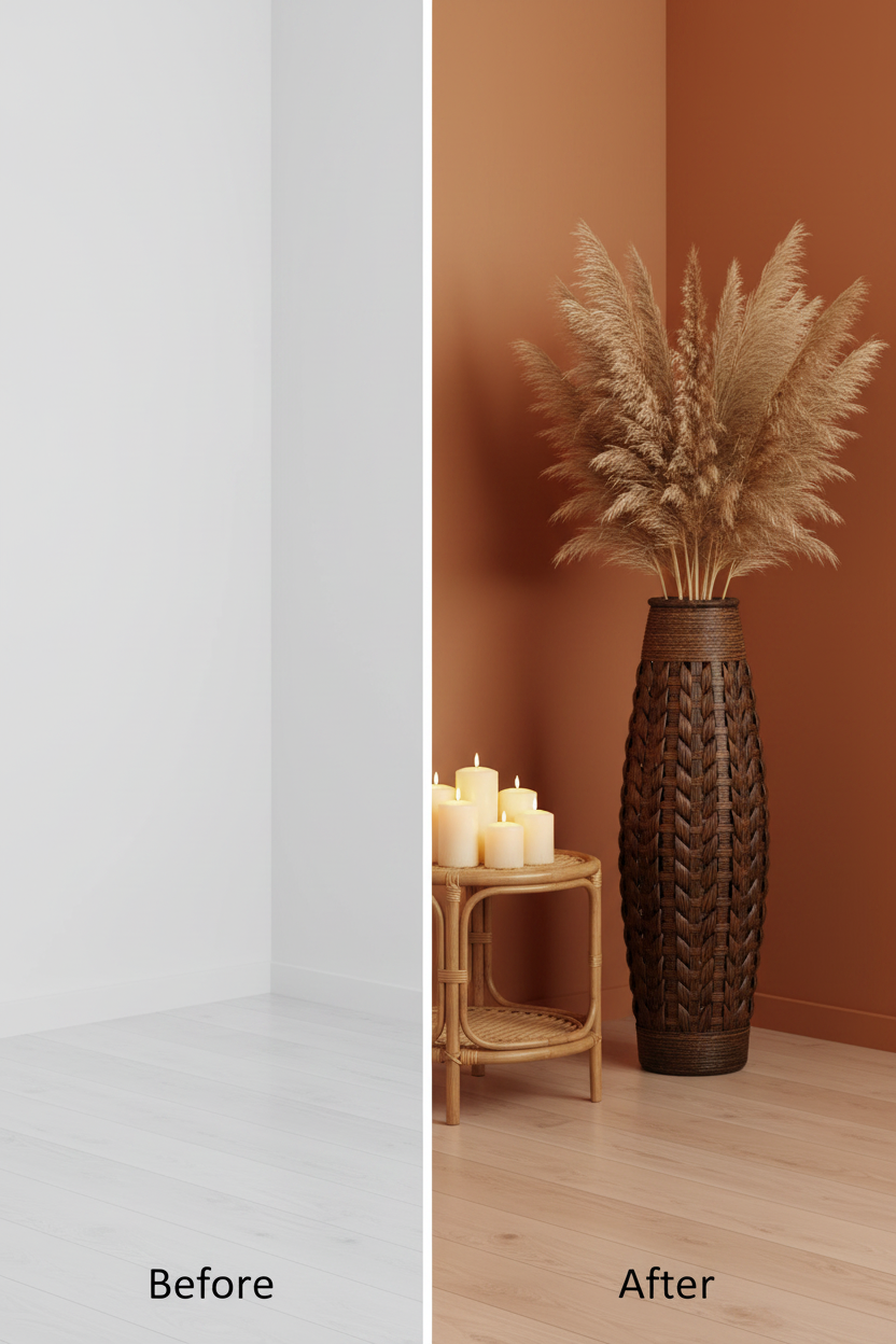 Woven Floor Vase | Bamboo & Straw Rope | Large Statement Decor