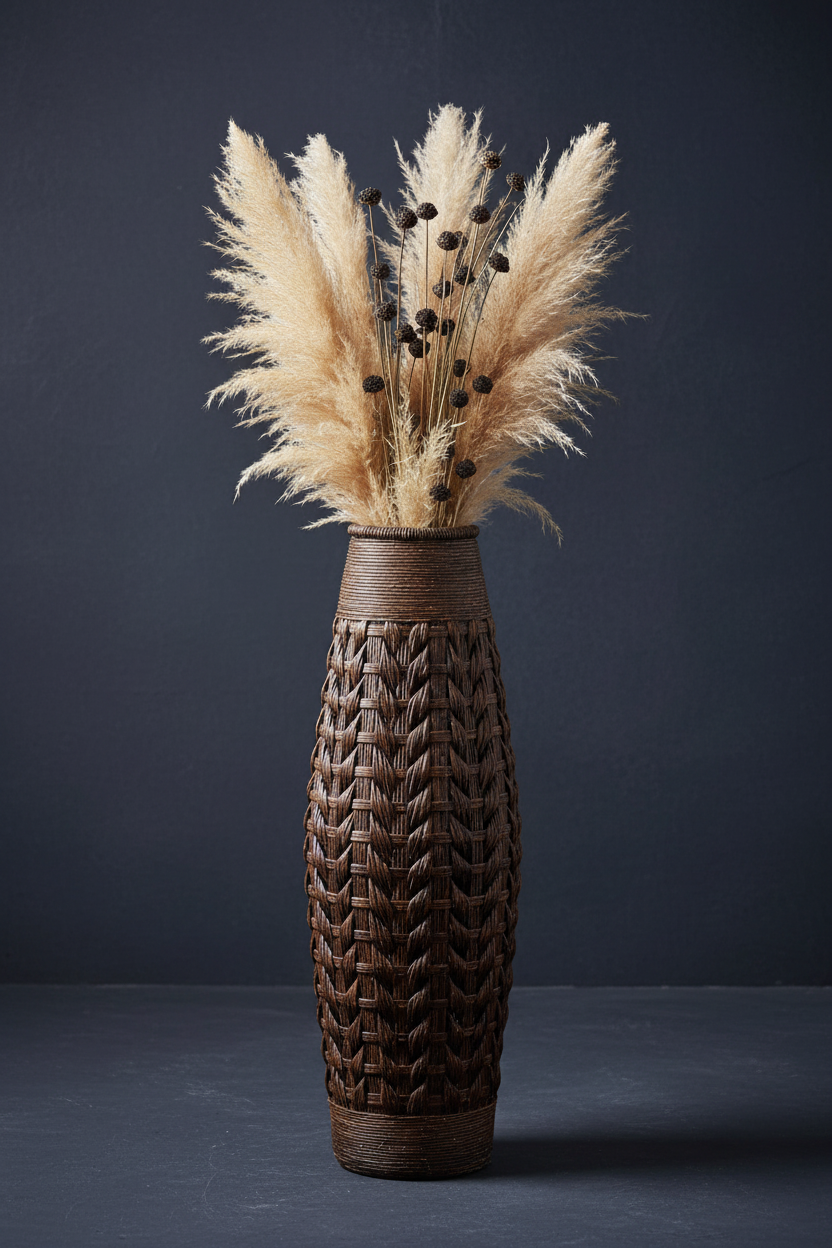 Woven Floor Vase | Bamboo & Straw Rope | Large Statement Decor