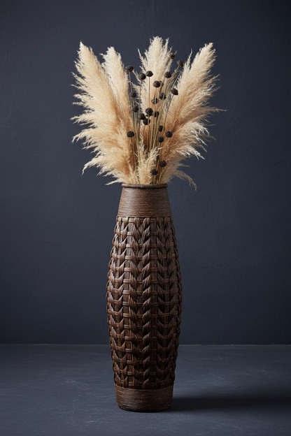 Woven Floor Vase | Bamboo & Straw Rope | Large Statement Decor