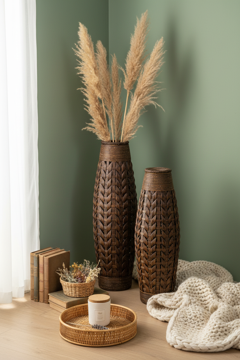 Woven Floor Vase | Bamboo & Straw Rope | Large Statement Decor