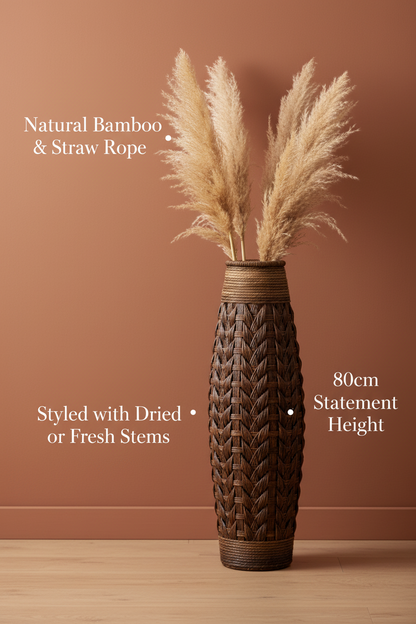 Woven Floor Vase | Bamboo & Straw Rope | Large Statement Decor