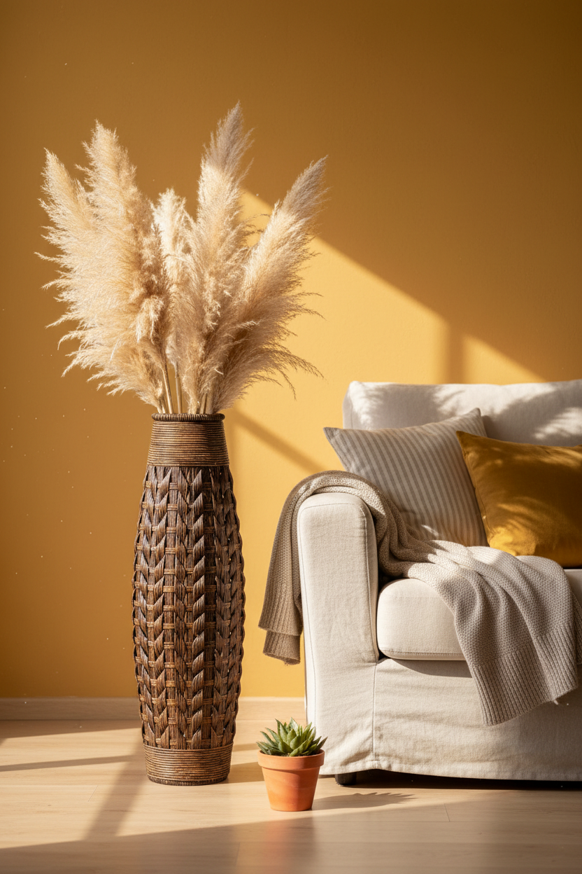 Woven Floor Vase | Bamboo & Straw Rope | Large Statement Decor